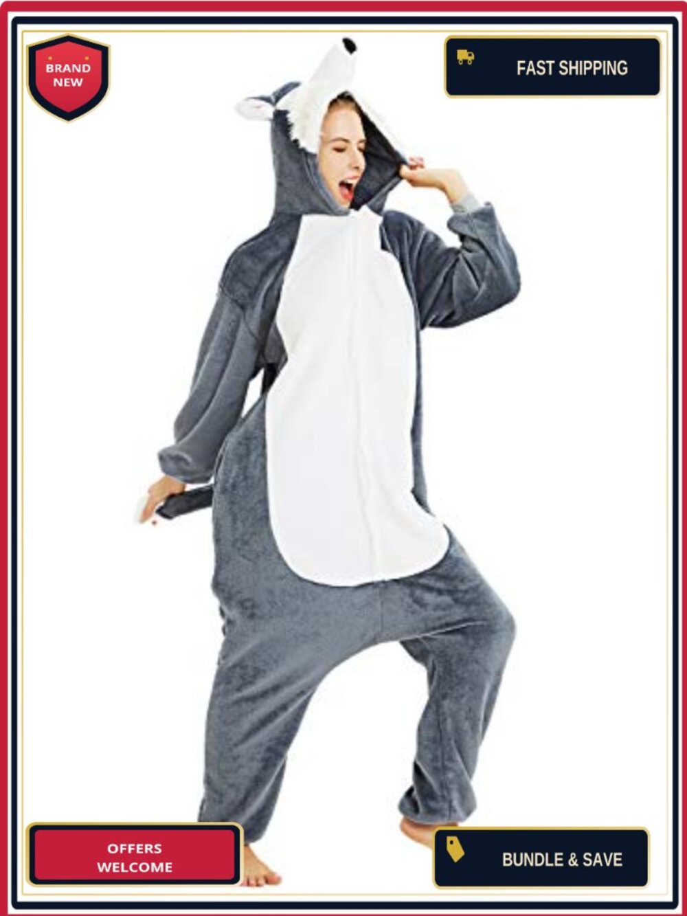 Unisex Wolf Animal Print Onesie Pajama Costume Flannel Hooded One-Piece